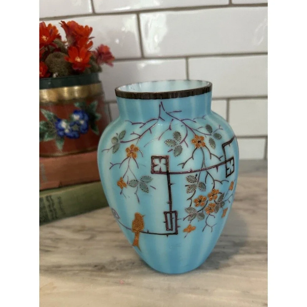 Gorgeous Antique Cased Satin Blue Glass Vase Raised Art Deco Bird Flowers